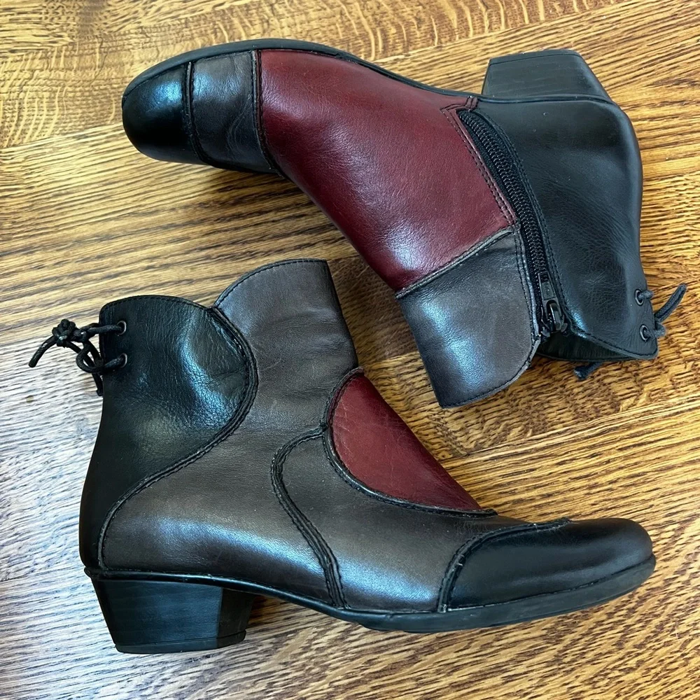 REMONTE DORNDORF Leather Patchwork Ankle Boots Boho Lagenlook‎ Red Colorblock 36